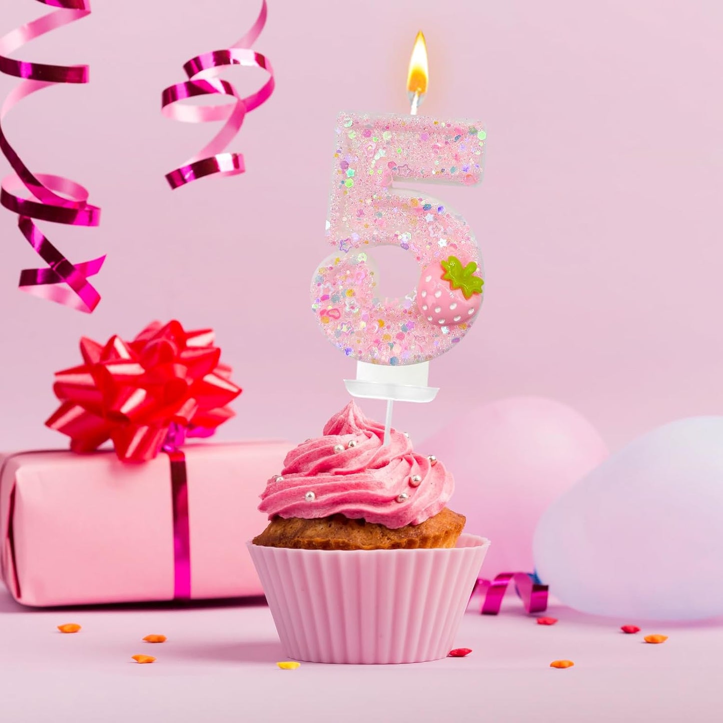HXOUSE Strawberry Number 5 Birthday Candles - Pink Berry Birthday Candles for Cake, 5 Candle Topper for Anniversary Celebrations Supplies, Strawberry Party Decorations for Girl (No.5)