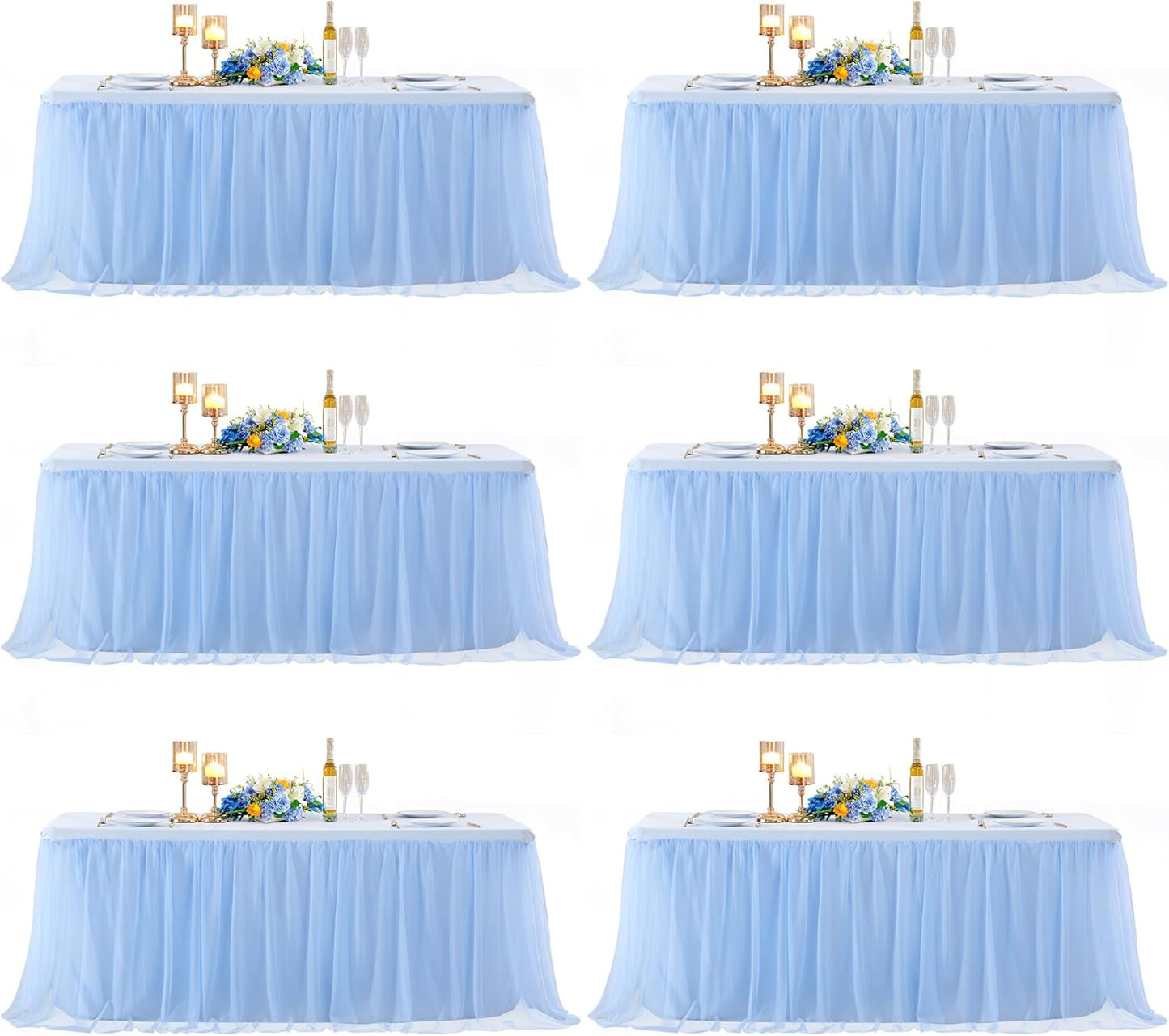 6 Pack 8ft Baby Blue Tulle Tablecloths for Rectangle Tables, 8 Foot Rectangular Table Cloth Wrinkle Free Table Cover with Tutu Skirt for Baby Shower Boy Birthday Party Banquet Buffet Cake