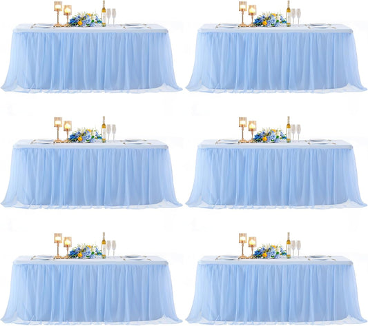 6 Pack 6ft Baby Blue Tulle Tablecloths for Rectangle Tables 72 x 30 Inch Rectangular Table Cloth Wrinkle Free Table Cover with Tutu Skirt for Baby Shower Birthday Party Banquet Buffet Cake Decorations