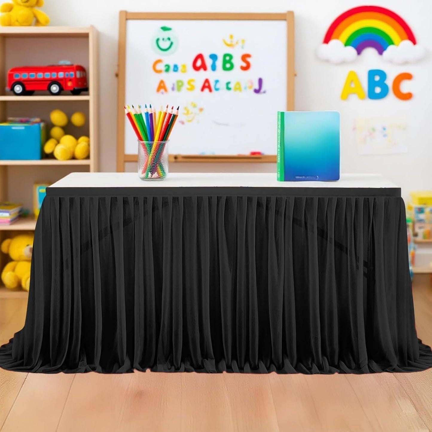 6FT Tulle Table Skirt for Teacher Desk Rectangular Ruffle Table Back to School Supplies for Kindergarten Preschool Middle School Classroom Decor, Black
