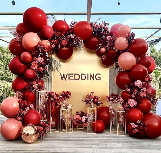 Red Pink Balloon Garland Double Stuffed Burgundy Pink Balloons Dark Red Maroon Rose Gold Balloon Arch Kit for Birthday Bridal Wedding Birthday Mother's Day Graduation Party Decoration