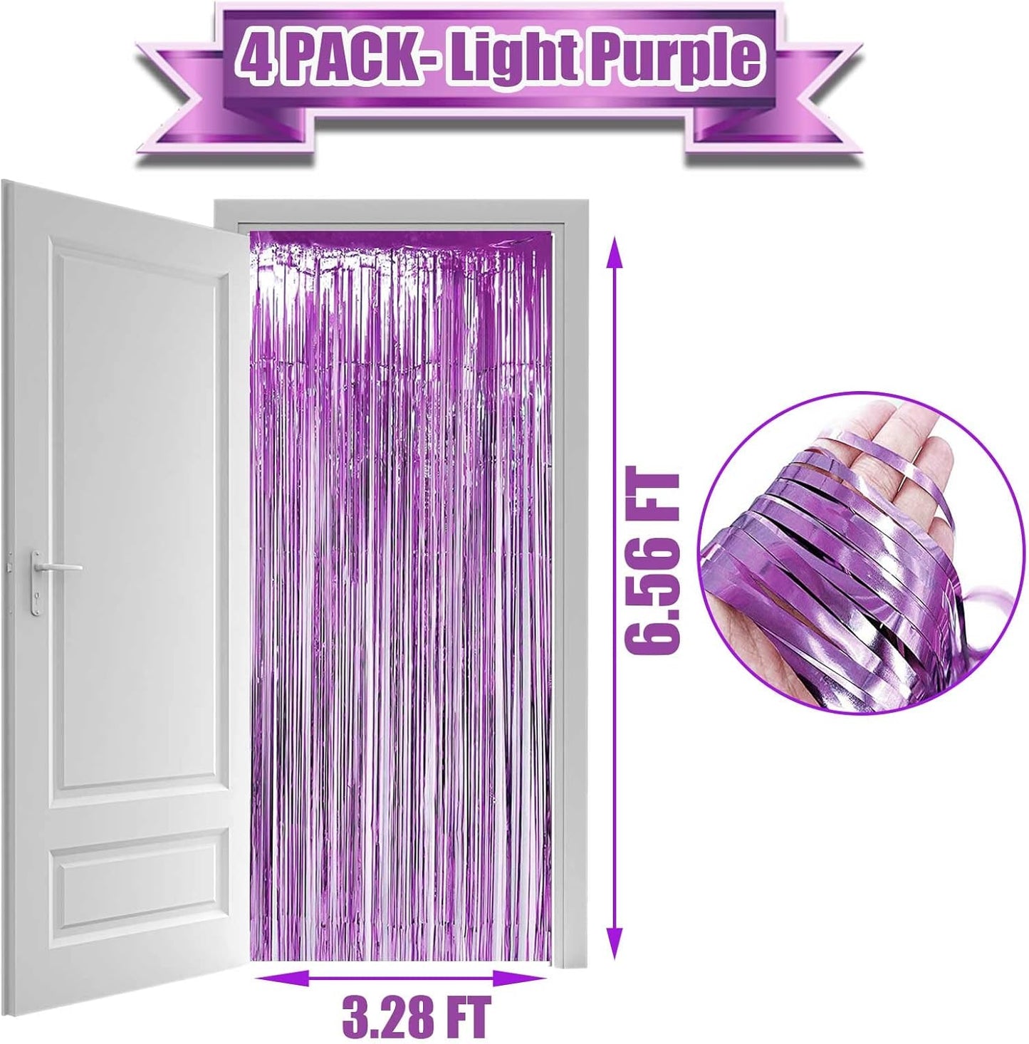 4 Pack Light Purple Foil Fringe Curtain Backdrop, 3.28Ft x 6.56Ft Metallic Tinsel Foil Fringe Streamers Curtains for Photo Booth, Wedding, Thanksgiving, Birthday, Christmas, Halloween Party Decoration