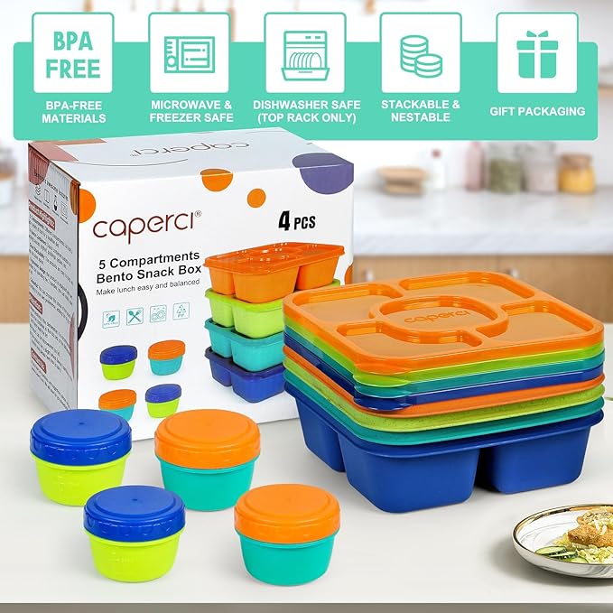 Caperci Original Lunchable Snack Containers for Kids & Adults - 5 Compartments Bento Snack Boxes with 4 Leakproof Small Containers, Wheat Straw, BPA-Free, Set of 4 (Jewel Brights)