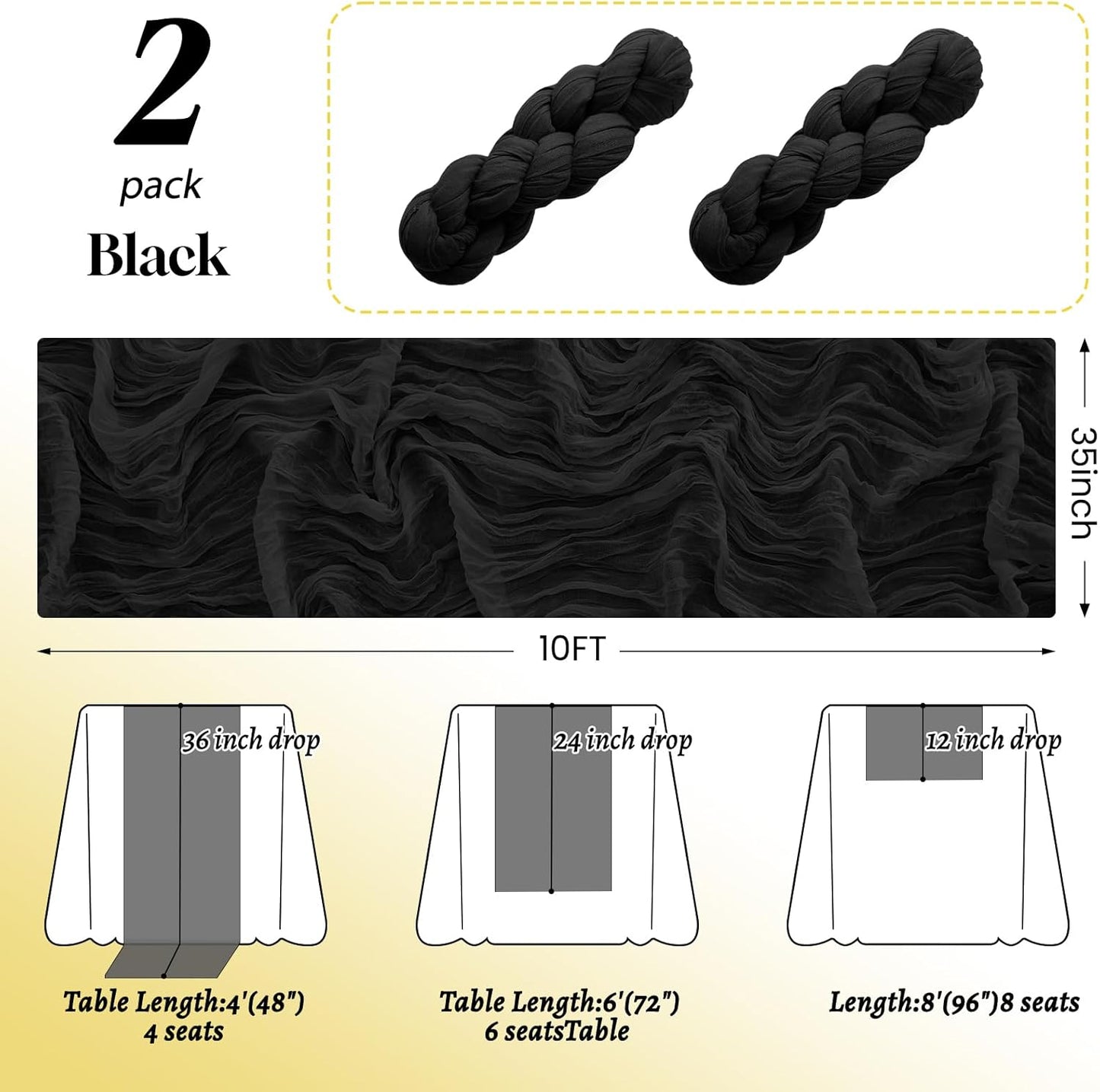 2Pack Black Halloween Table Runner 10FT Cheesecloth Table Runner 35x120Inch Long Boho Cheese Cloth Table Runners Rustic Gauze Table Runners for Party Wedding Bridal Shower Baby Shower Decorations