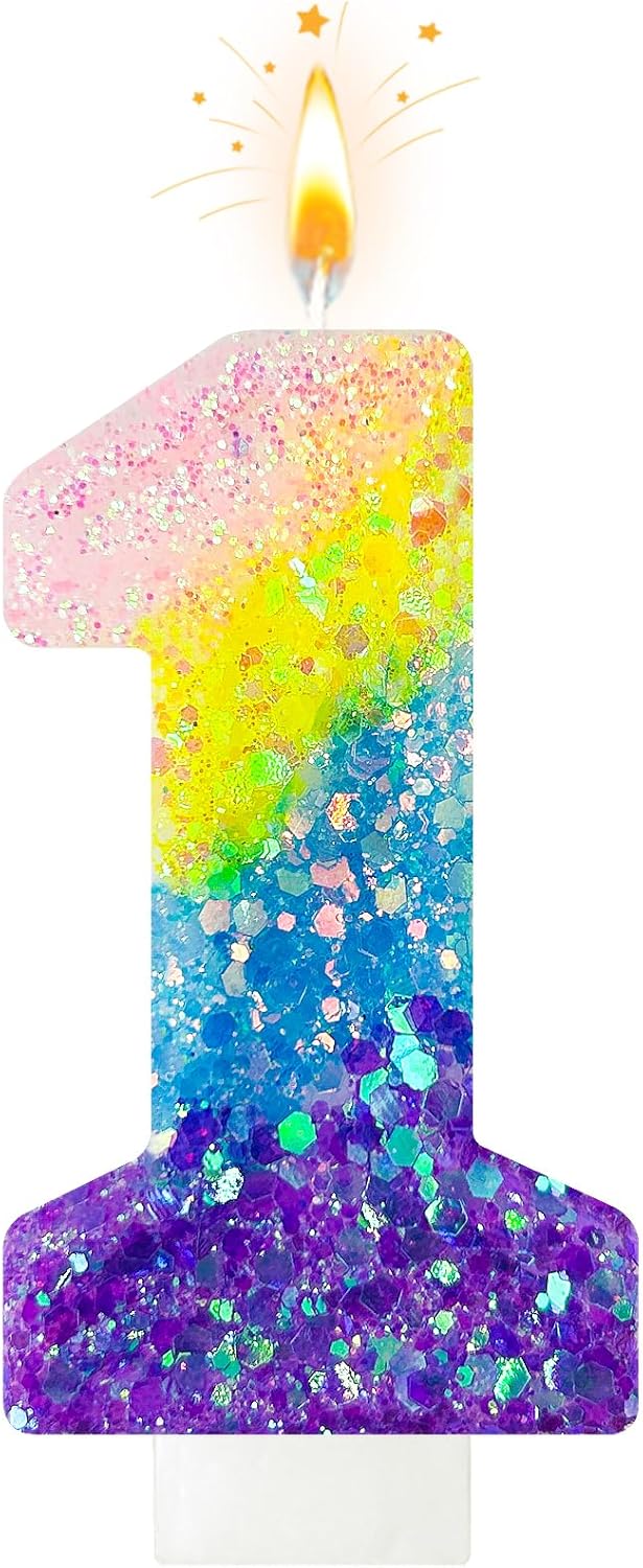 Birthday Candles Pastel Macaron Glitter 3D Rainbow Number Candles for Birthday Cake Girls Women Sweet Theme Birthday Wedding Anniversary Party Cake Decoration (Number 1)