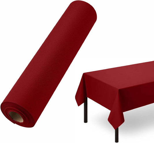 Disposable Tablecloth for Rectangle Table, Linen-Like Burgundy Paper Tablecover for Dining Table, Party, Wedding Or Event, 55" W x 80 ft L