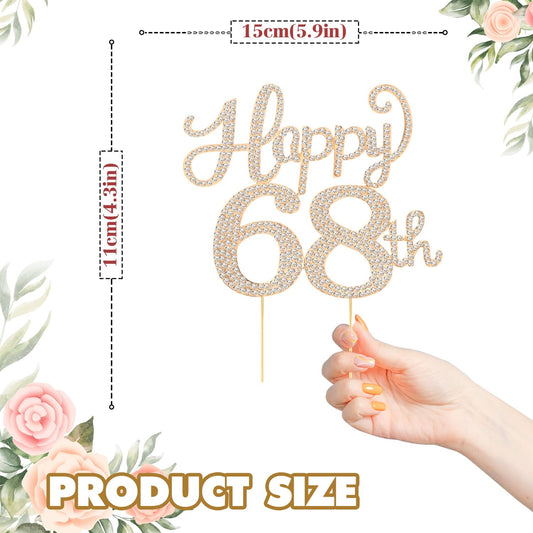 Happy 68th Birthday Decorations,68th Birthday Gold Rhinestone Cake Topper - Cheers to 68 Years Old Bday Party Metal Sparkly Cake Centerpieces Sign.