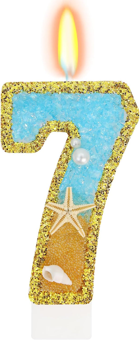 Ocean Number 7 Candle, Glitter Gold Beach Starfish Cake Topper, Tropical Ocean Princess Birthday Decorations for Party Supplies Wedding Anniversaries