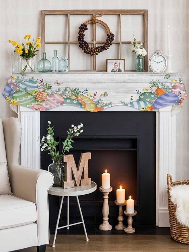 Easter Eggs Fireplace Mantel Scarf Table Runner, Spring Flowers Eucalyptus Leaves Wooden Grain Winter Garland Mantel Top Tablerunners Dresser Scarves Cover for Windows Party Living Room 90''x17''