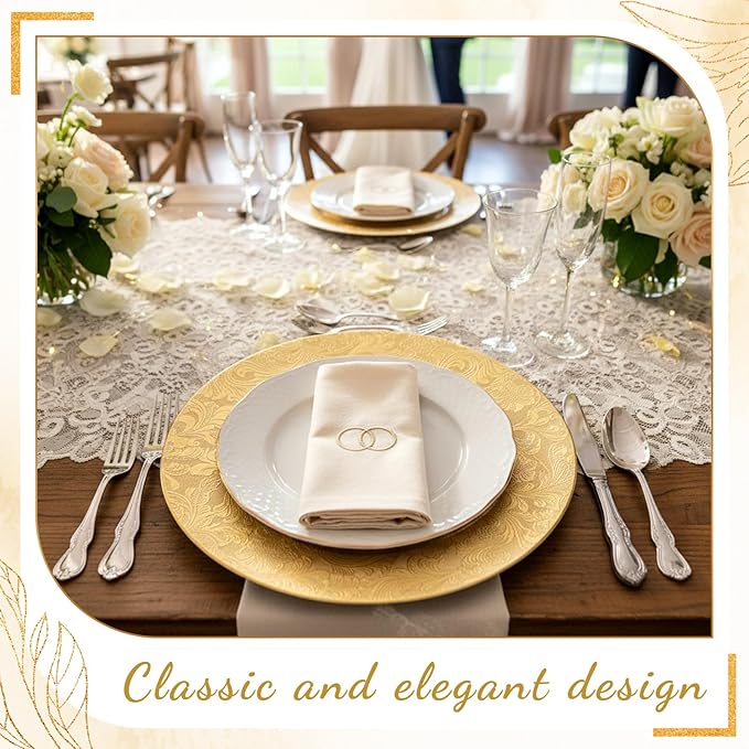 30 Pcs Gold Charger Plates Bulk 13 Inch Embossed Rim Plastic Round Decorative Vintage Plates Charger for Dinner Wedding Party Event Table Setting Decoration (Floral)