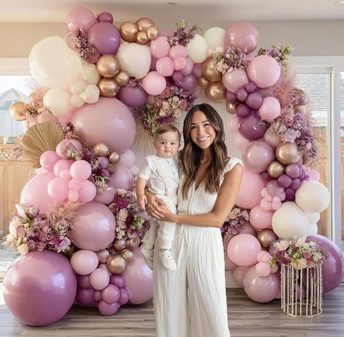 Dusty Purple Pink Balloon Garland Double Stuffed Boho Lavender Sand White Pastel Pink Lilac Gold Balloons Arch Kit for Wedding Birthday Bridal Baby Shower Floral Butterfly Party Decoration