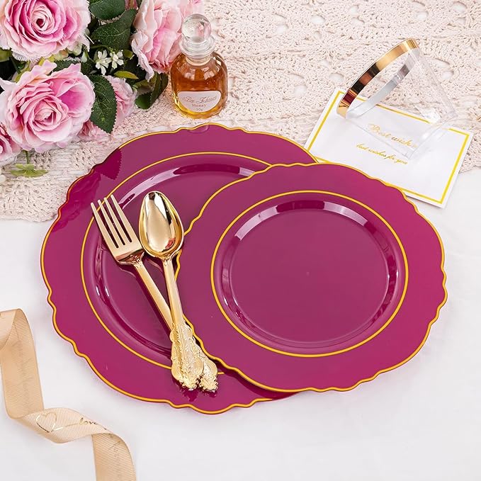 Liacere 175PCS Red Plastic Plates - Disposable Burgundy Red and Gold - 25guest Baroque Plastic Dinnerware include 50Plates, 25Pack Pre Rolled Napkins with Silverware 25Cups for Party