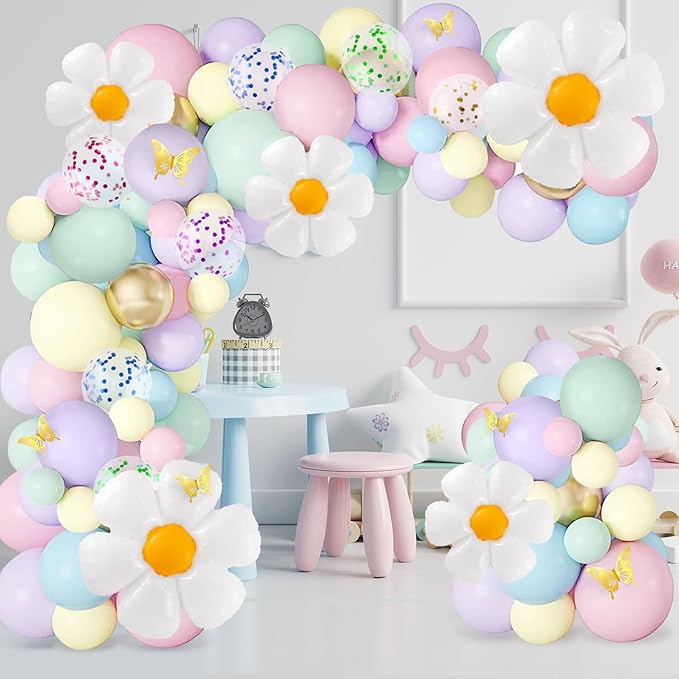 VinTS 150 PCS Daisy Pastel Balloon Garland Kit,White Daisy Flower Macaron Pastel Balloons Garland with Butterfly Stickers for Mothers Day Spring Easter Baby Shower Decoration