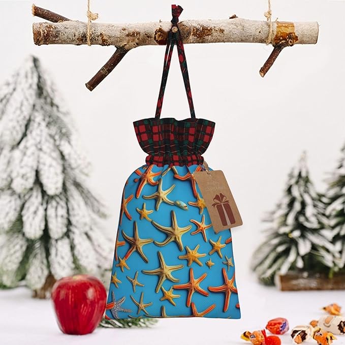 PULaif Blue Background With Many Starfish Christmas Drawstring Gift Bags, Large Size Christmas Bags For Gifts Party Favors, Xmas Gift Bags