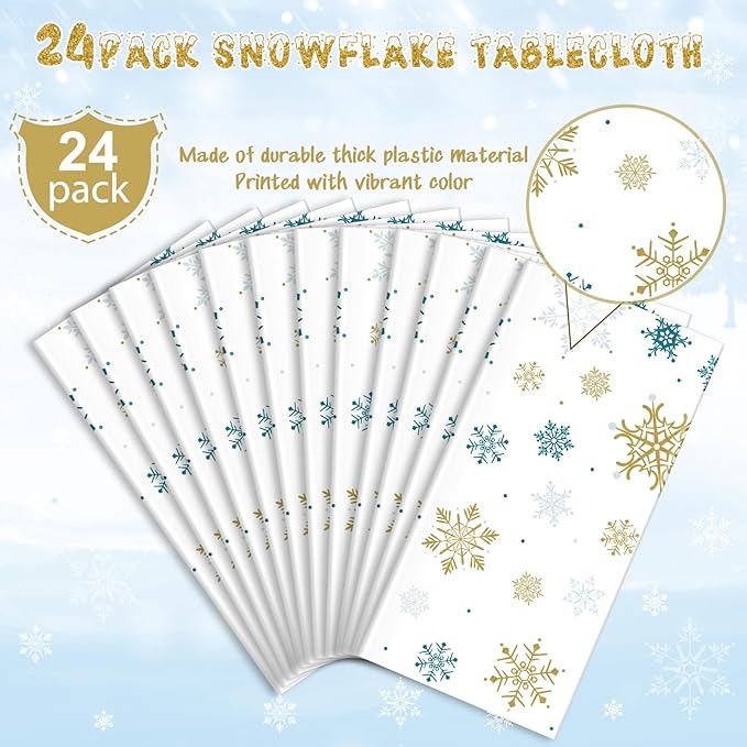 24Pcs Snowflake Plastic Tablecloth Christmas Snowflake Disposable Table Cloth White Blue and Gold Winter Wonderland Table Cover for Winter Holiday Christmas Birthday Party Decorations,54x108 Inch