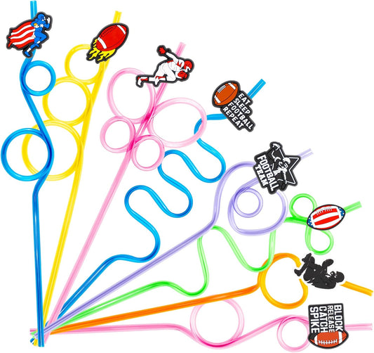 24 PCS Football Drinking Crazy Straws for Kids, Sport Themed Birthday Party Supplies Favors Decorations with 24 PVC Cute Charm, 2 Cleaning Brushes Reusable Straw