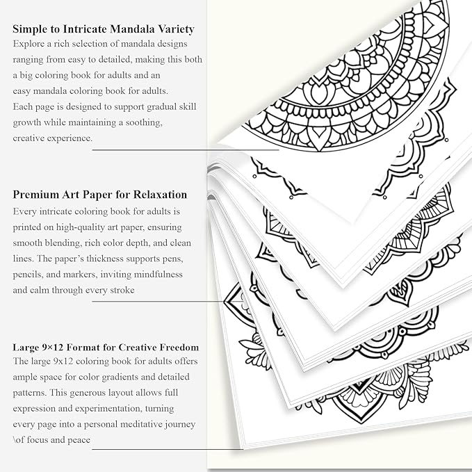 Mandala Coloring Book for Adults Hardcover: 50 Unique Designs Spiral Coloring Book for Adults with Perforated Pages. (Mandala Designs, 9 x 12 inches, 50 Sheets)