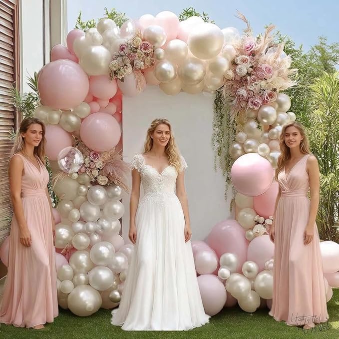 Pink White Balloon Arch Kit with Clear Bobo Balloons, Double Stuffed Baby Pastel Pale Pink Pearl White Cream Balloon Garland for Baby Shower Birthday Bridal Wedding Mother's Day Party Decoration