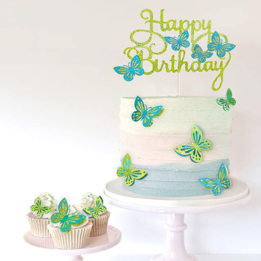13-Piece Butterfly Cake Toppers - 3D Cupcake Toppers for Girls & Women's Birthdays (Greenish Blue)