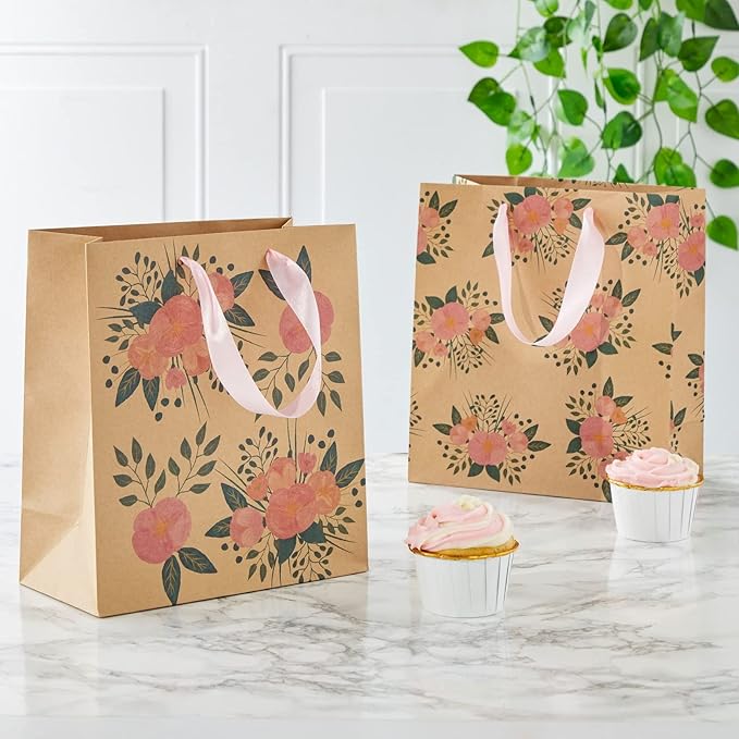 Juvale Floral Gift Bags - Reinforced Bottom & Ribbon Handles - Party Favor Bags - 8 x 4 x 9 in, Pack of 24, Pink