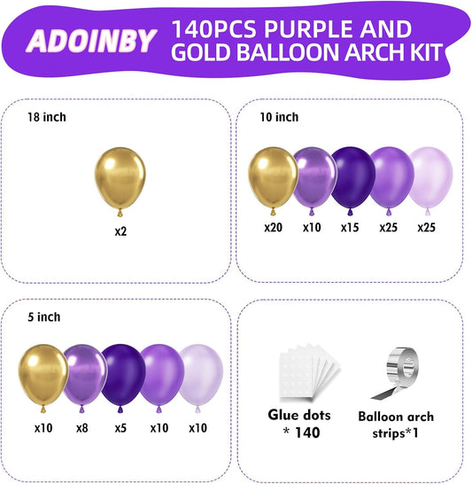 Purple and Gold Balloons Arch Kit, 140Pcs Dark Purple Metallic Gold Lavender Lilac Metallic Purple with Confetti Balloons for Baby Shower Girl Princess Party Women Birthday Wedding Decorations