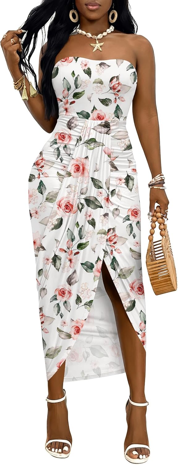 Umenlele Women's Strapless Ruched High Waist Wrap Split Asymmetrical Beach Maxi Long Dress