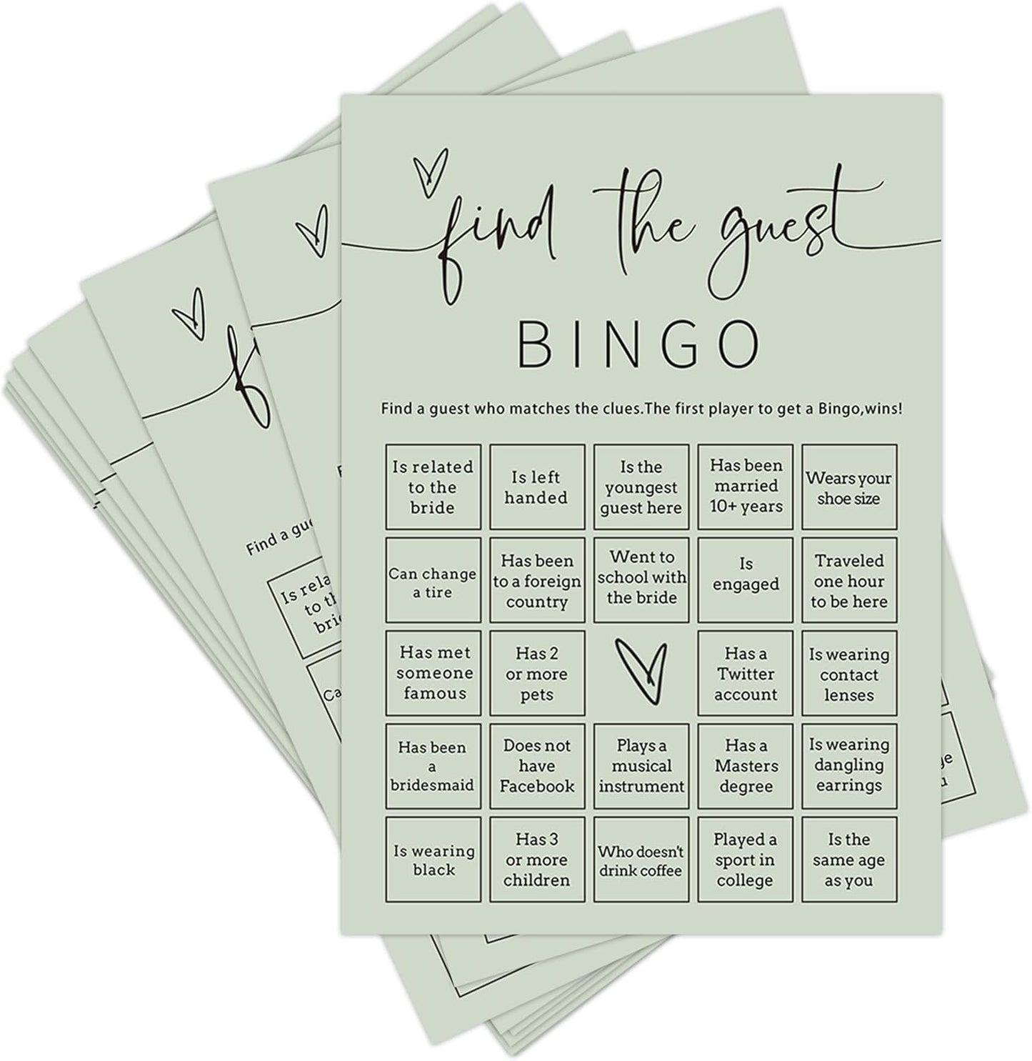 Bridal Shower Games, Find the Guest Bingo, 25Pcs Minimalist Sage Green Bridal Game Cards, Wedding Shower Games for Guests, Engagement Bachelorette Party Supplies