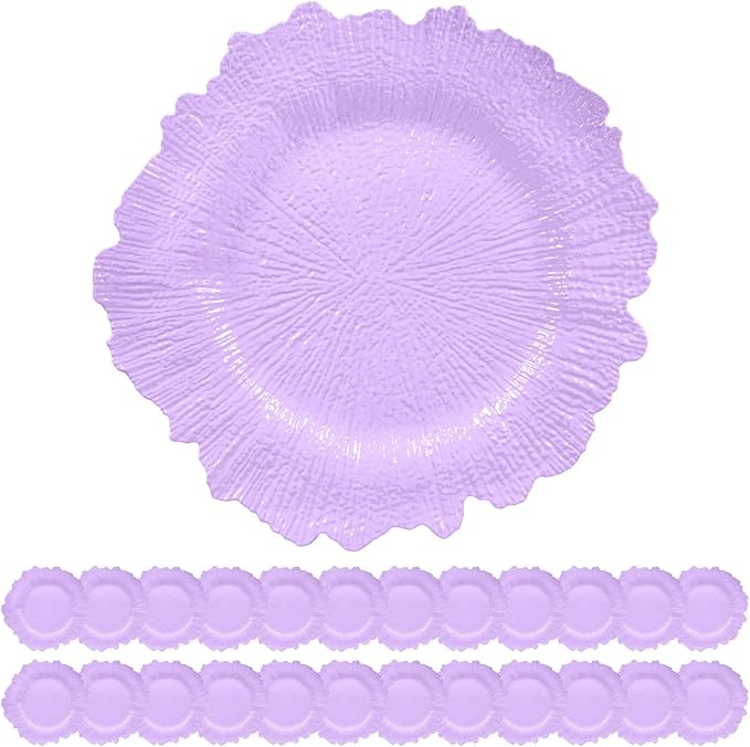 24 Pack Lavender Charger Plates Bulk, 13" Plastic Reef Chargers for Dinner Plates, Round Charger Plate with Floral Reef Design for Dinner Wedding Party Table Setting Decoration