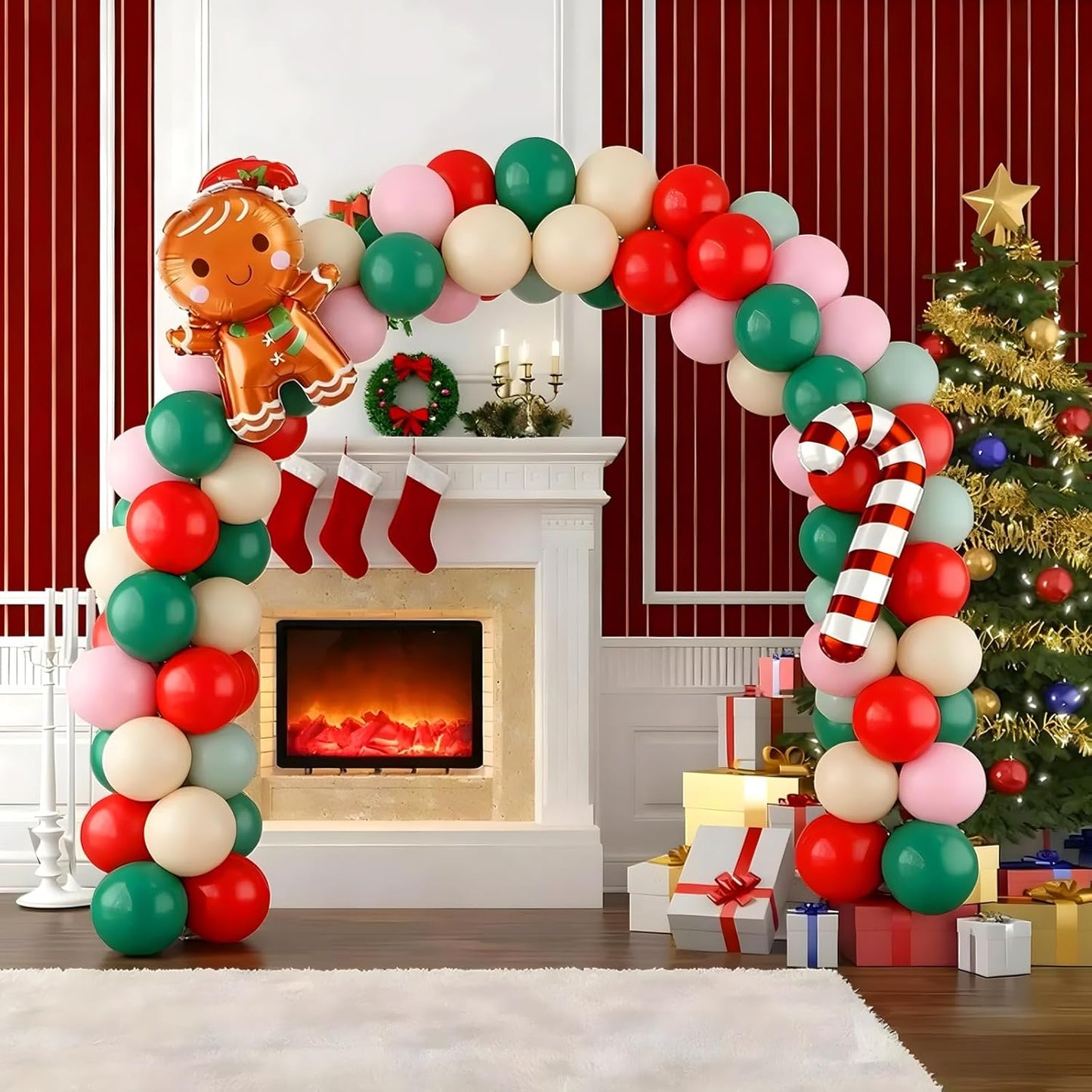 Christmas Balloons,12 Inch Pink Green Red Christmas Party Latex Balloons with Gingerbread Man Candy Cane Foil Balloon,for Xmas Baby Shower New Year Holiday Birthday Party Decor