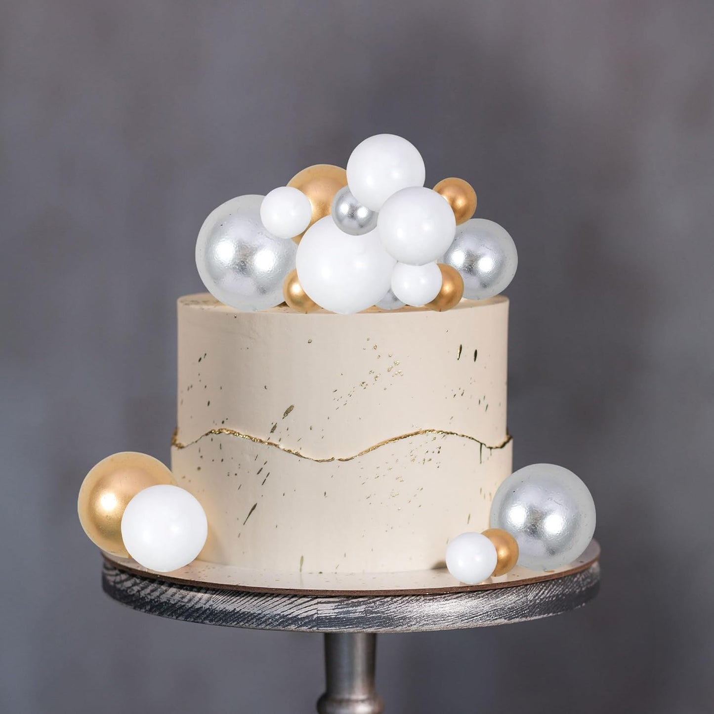 Gyufise 30Pcs Balls Cake Topper Foam Ball Cake Picks Mini Balloon DIY Cake Insert Topper Decoration for Baby Shower Wedding Anniversary Kids Birthday Party Cake Decorations Gold Silver White
