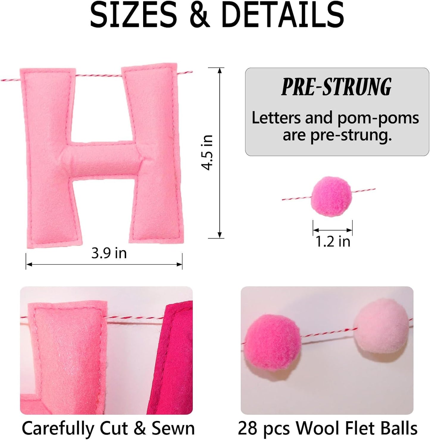 Pink Happy Birthday Banner Felt Ball Garland Pre-Strung Happy Birthday Sign for Party Backdrop Decorations Photo Prop