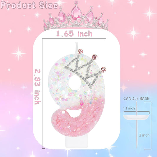 Pink White Number 9 Candle, Glitter Crown Cake Topper, Princess Birthday Party Decorations for Girls and Women Anniversary Celebrations Party Favors