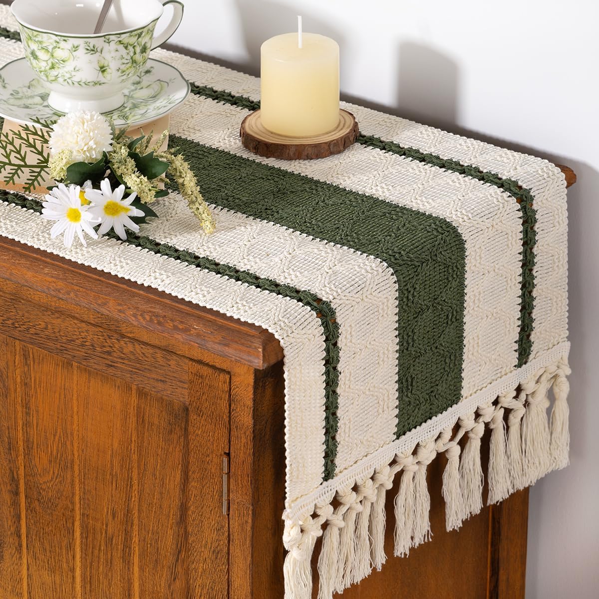 Socomi Boho Table Runner Fall Thanksgiving Farmhouse Rustic Dining Kitchen Centerpiece Decor Small Macrame Woven Cotton Linen Coffee Table Runner for Dresser Scarf Home Decor 12x36 inch Olive Green