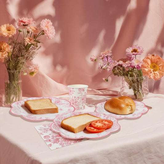 96pcs Party Plates Pink Flower Disposable Tableware Set 7"&9" Paper Plates, Cups and Napkins for 24 Guests Party Table Supplies for Tea Party Baby Shower Brial Shower Birthday Wedding