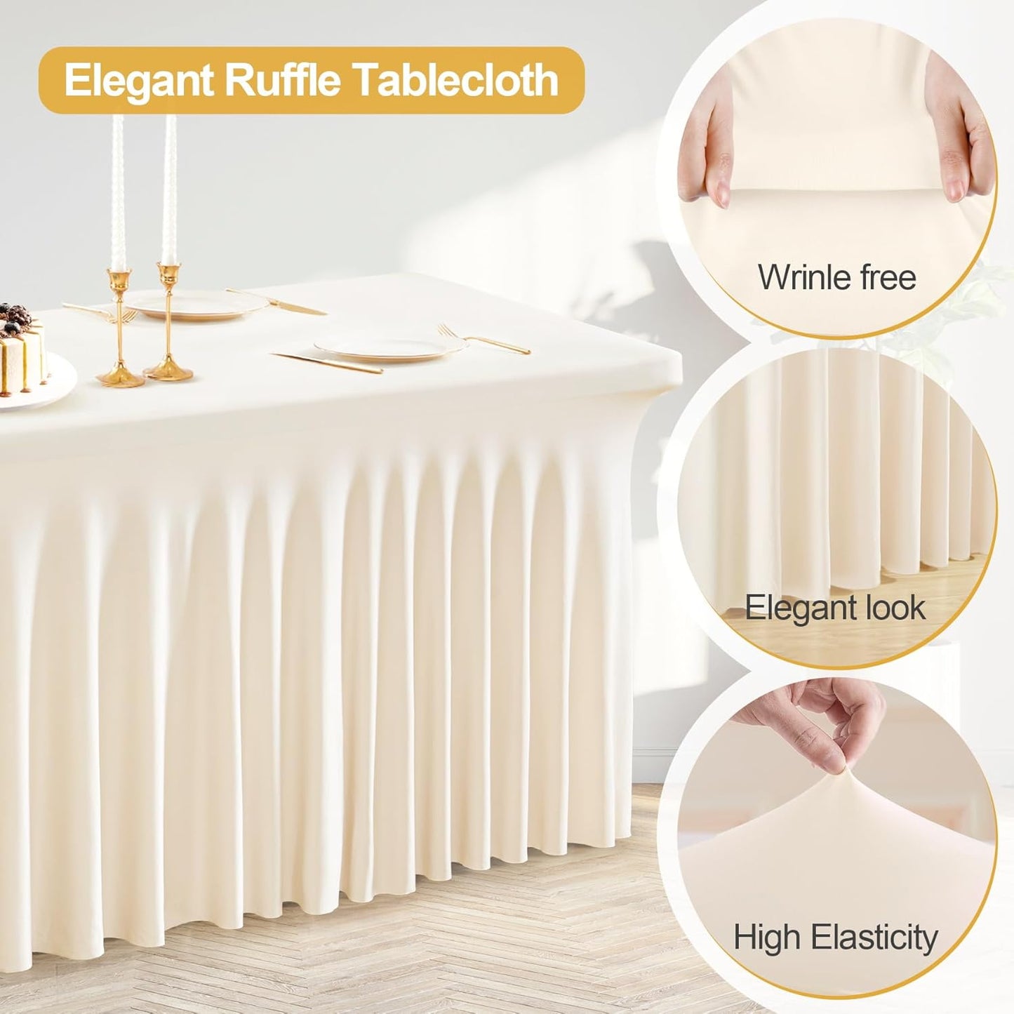 PARTISKY Ivory Spandex Tablecloth for 6ft Rectangle Tables, Stretchable Table Cover Skirt for Folding Tables Weddings Parties Banquets Events Trade Shows and Dessert Table