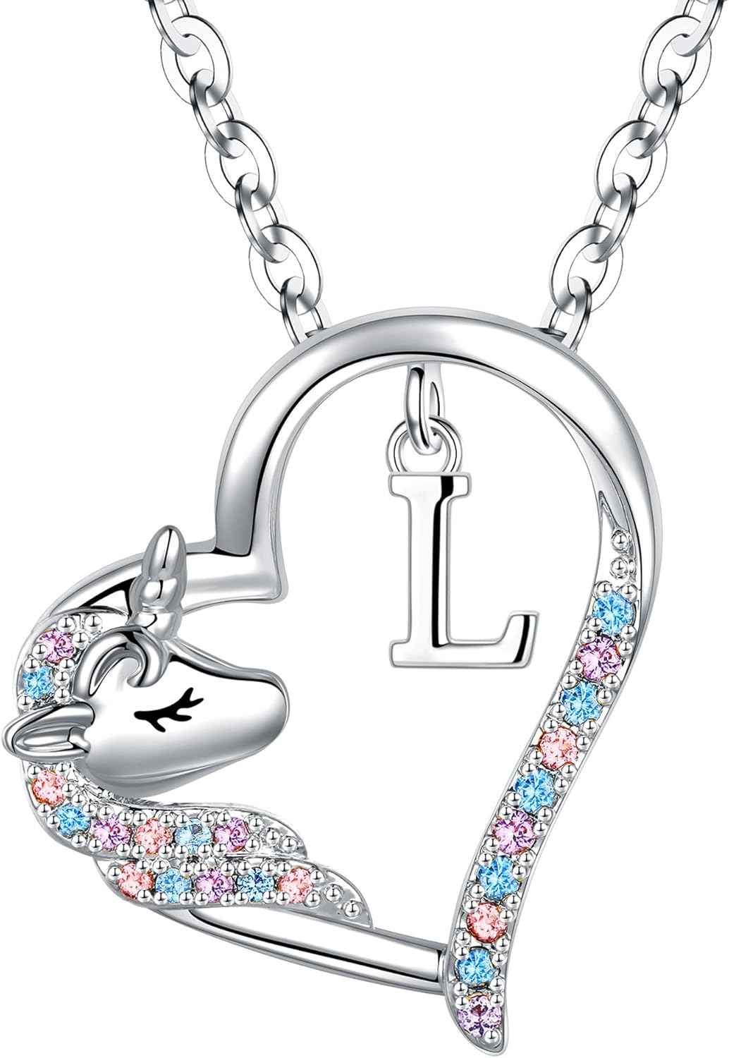 Anoup Unicorn Gifts for Girls Necklace - Colorful CZ Heart Pendant A-Z Initial Necklaces Cute Unicorns Jewelry Birthday Gift for Girl