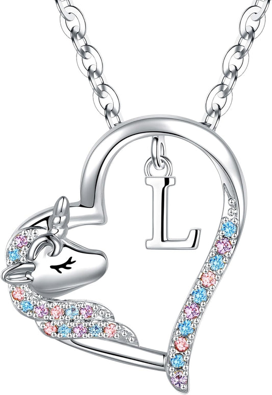 Anoup Unicorn Gifts for Girls Necklace - Colorful CZ Heart Pendant A-Z Initial Necklaces Cute Unicorns Jewelry Birthday Gift for Girl