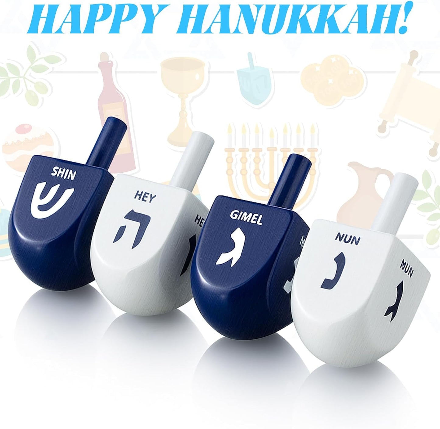 Wettarn 100 Pieces Hanukkah Dreidels Bulk Wooden Hanukkah Dreidels with Game Instruction Cards for Party Game(Size 1,Cool Style)