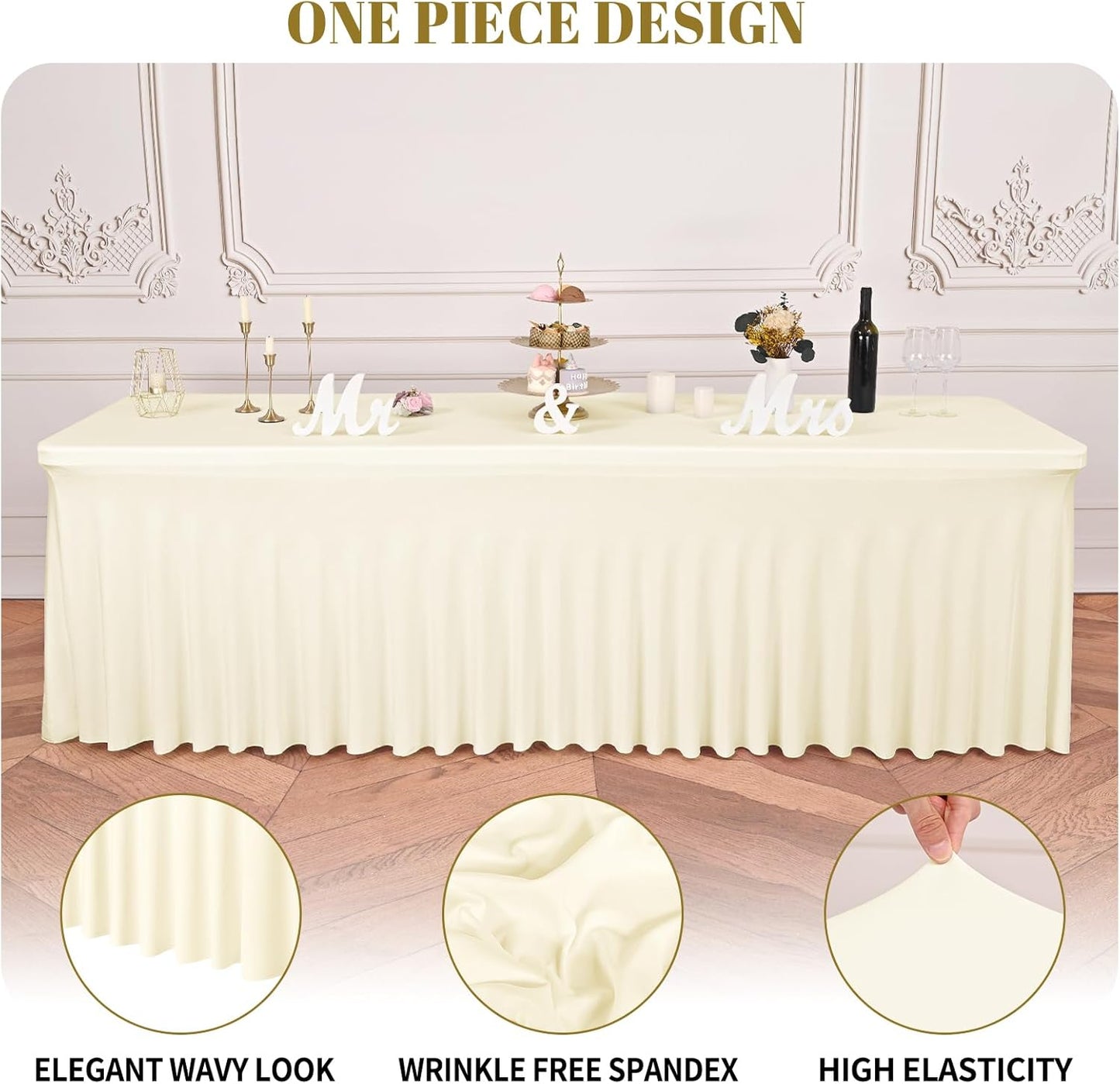 2 Packs Ivory Stretch Table Skirts for 8 Foot Rectangle Table, Washable Spandex Stretch Tablecloths with Skirt, Wrinkle Resistant Fitted Tablecover for Wedding Party Banquet