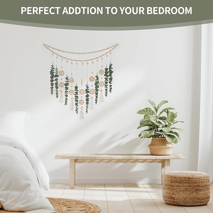 Artificial Hanging Eucalyptus Wall Decor Fake Greenery Leaves Wall Hanging Plants on Long Wooden Beads Garland Wall Art Large Boho Rustic Farmhouse Decor for Bathroom Bedroom Living Room Sage Green
