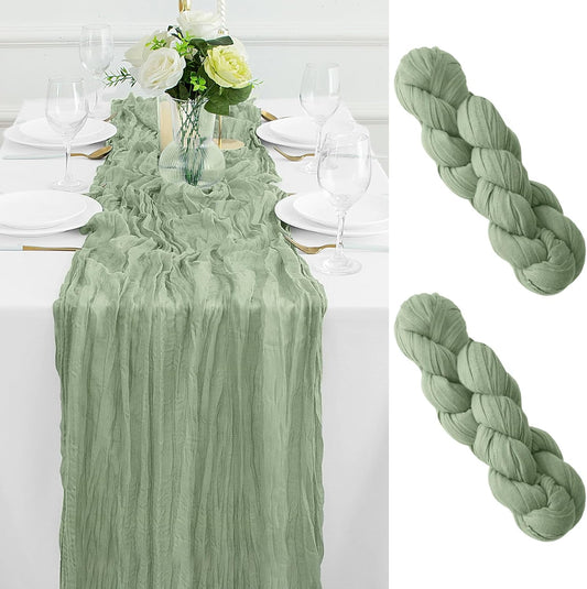 2Pack Sage Green Table Runner 10FT Cheesecloth Table Runner 35x120Inch Long Boho Gauze Cheese Cloth Table Runners Rustic Sheer Table Runners for Wedding Baby Shower Bridal Shower Decor