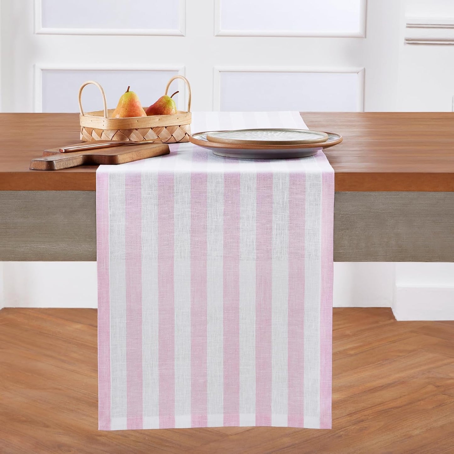 Solino Home Linen Table Runner 60 Inches - Sorrento Stripe 100% Pure Linen Pink and White Table Runner 14 x 60 Inch Ideal for Dresser and Coffee Tables - Halloween