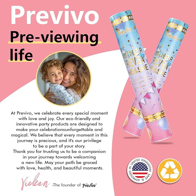 Previvo Gender Reveal Confetti Powder Cannon - 6 Pack Pink Baby Gender Reveal Poppers - 100% Biodegradable Powder Smoke - Baby Party Supplies