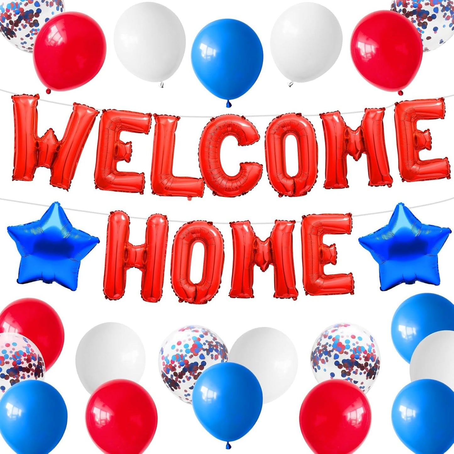 Red Blue Welcome Home Foil Balloon Banner with Confetti Balloons, Blue Star Balloons for Patriotic Welcome Home Army Returning Party Supplies