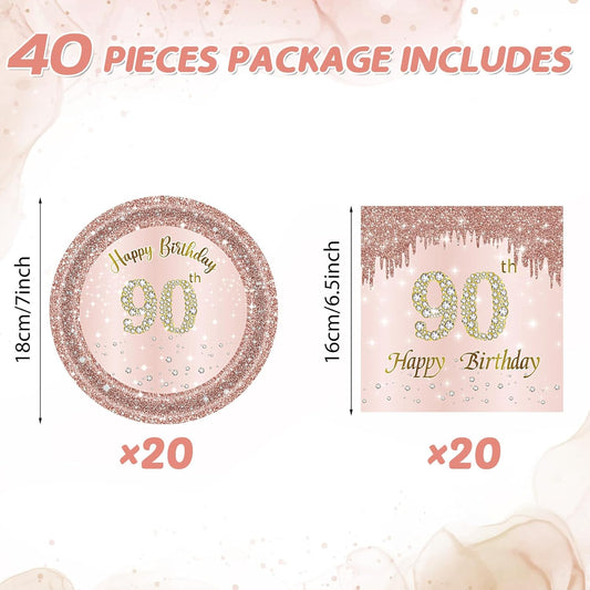 90th Birthday Decorations, Rose Gold Birthday Party Supplies Include 20Pcs Plates 20Pcs Napkins Sweet Ninety Year Old Party Tableware for Girl Ladies Women