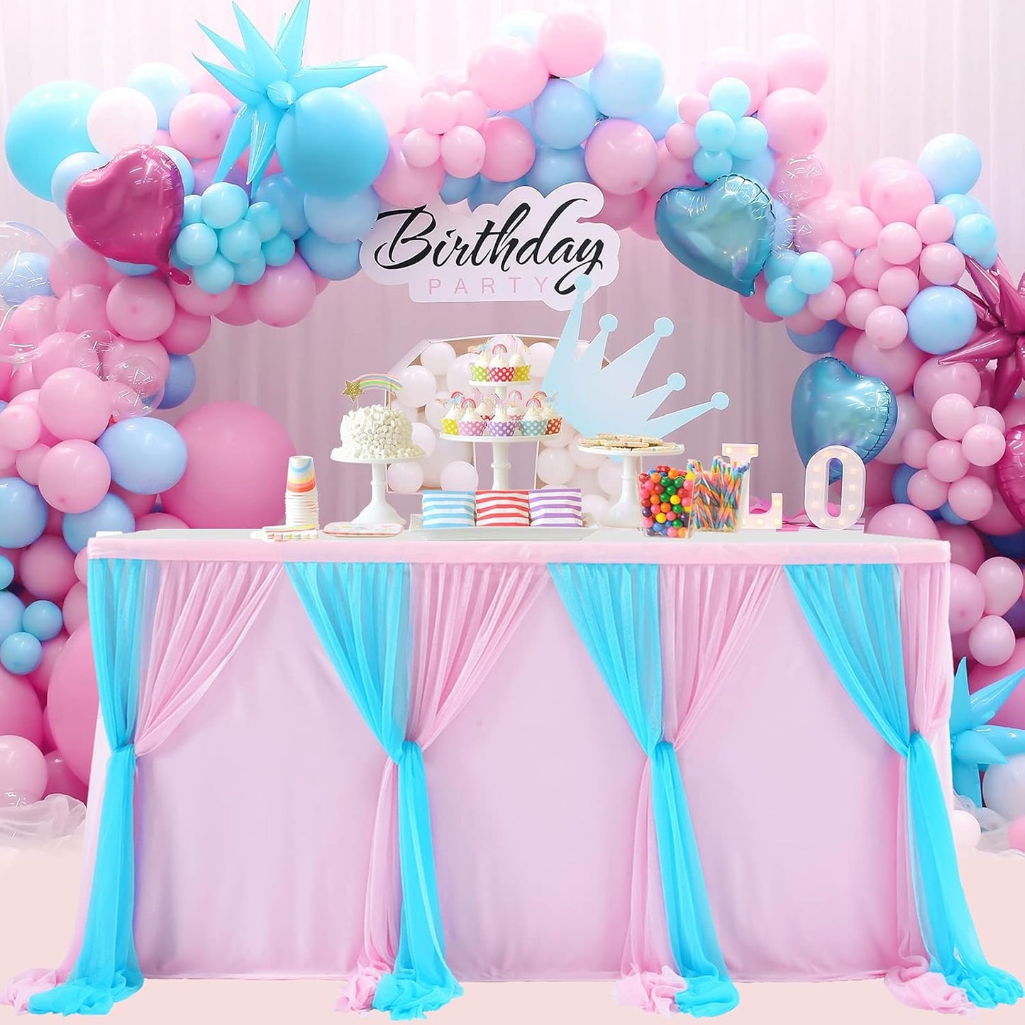 6ft Pink and Blue Table Skirt for Gender Reveal Tulle Tutu Table Cloths Cover for Baby Shower Boy or Girl Birthday Party Dessert Buffet Banquet Table Decorations