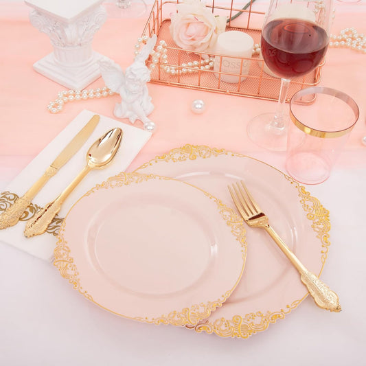 Morejoy 175pcs Pink Plastic Plates - Pink and Gold Disposable Plates, 10.25 inch Plastic Dinner Plates, Perfect for Wedding & Party & Holiday
