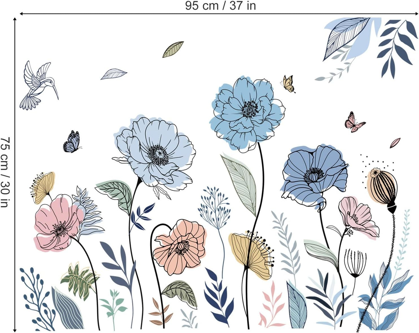 wondever Blue Boho Flower Wall Stickers Floral Grass Butterfly Peel and Stick Wall Art Decals for Living Room Bedroom TV Wall