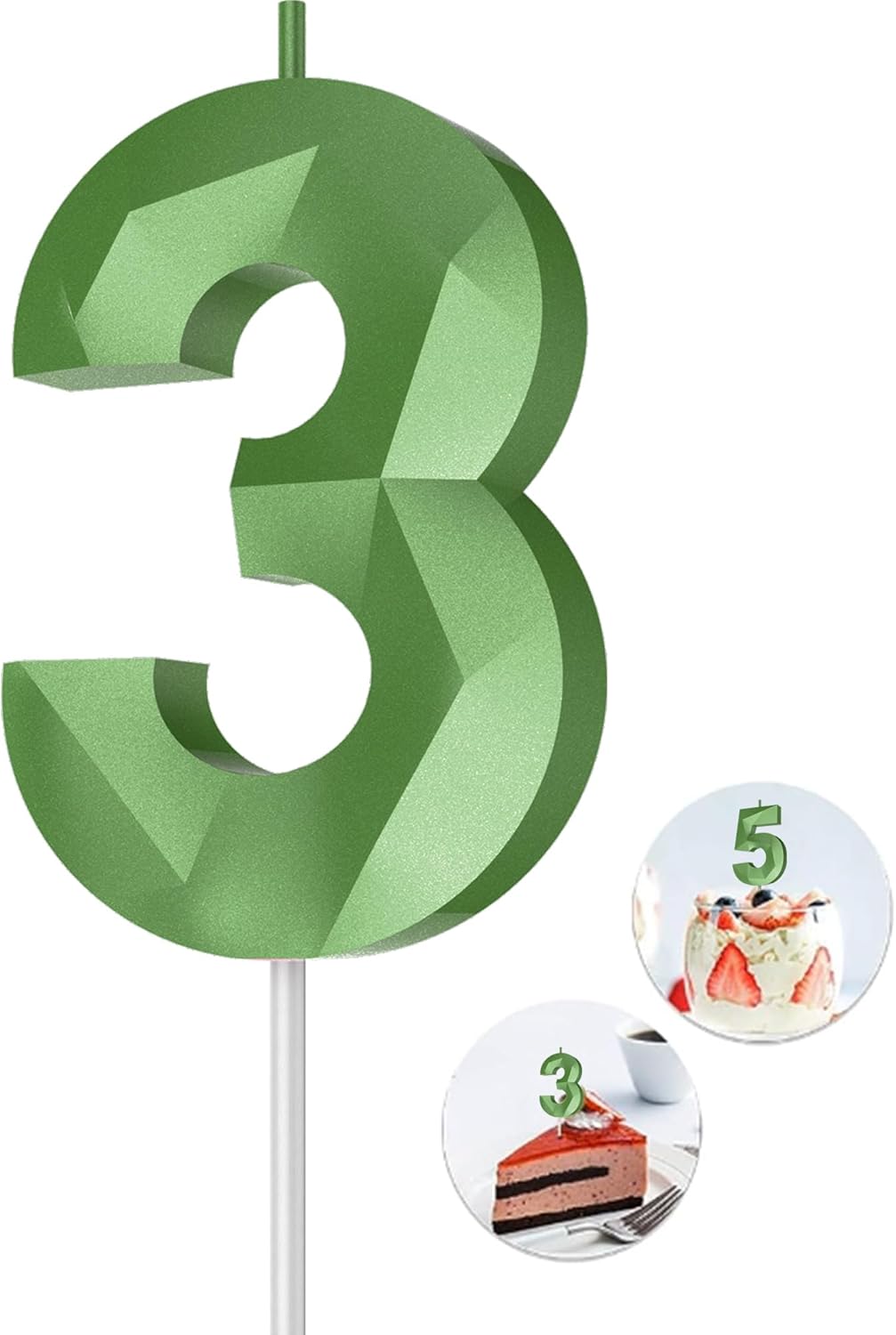 Number Birthday Candles(3 Candle Green) 3D Diamond Shape Number Happy Birthday Cake Candles for Birthday Party Wedding Decoration Reunions Theme Party