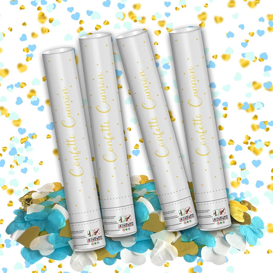 12" Confetti Cannons with Blue & Gold Heart Filling - Party Poppers for Gender Reveal Baby Shower Bridal Shower Valentine Wedding Anniversary - Easy to Use - Pack of 4